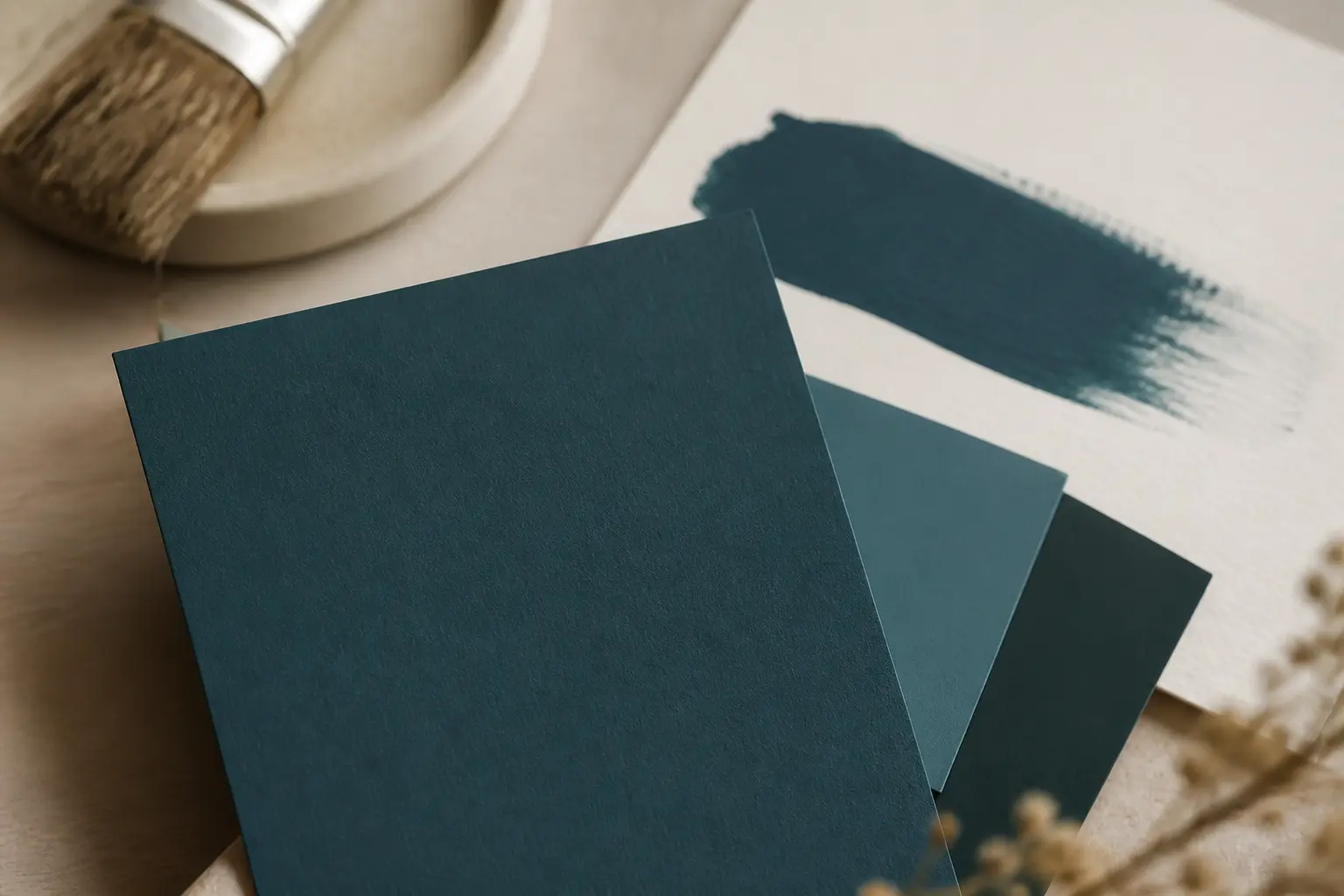 Bleu canard peinture : nuancier profond bleu-vert, swatches et touche de pinceau sur papier texturé.