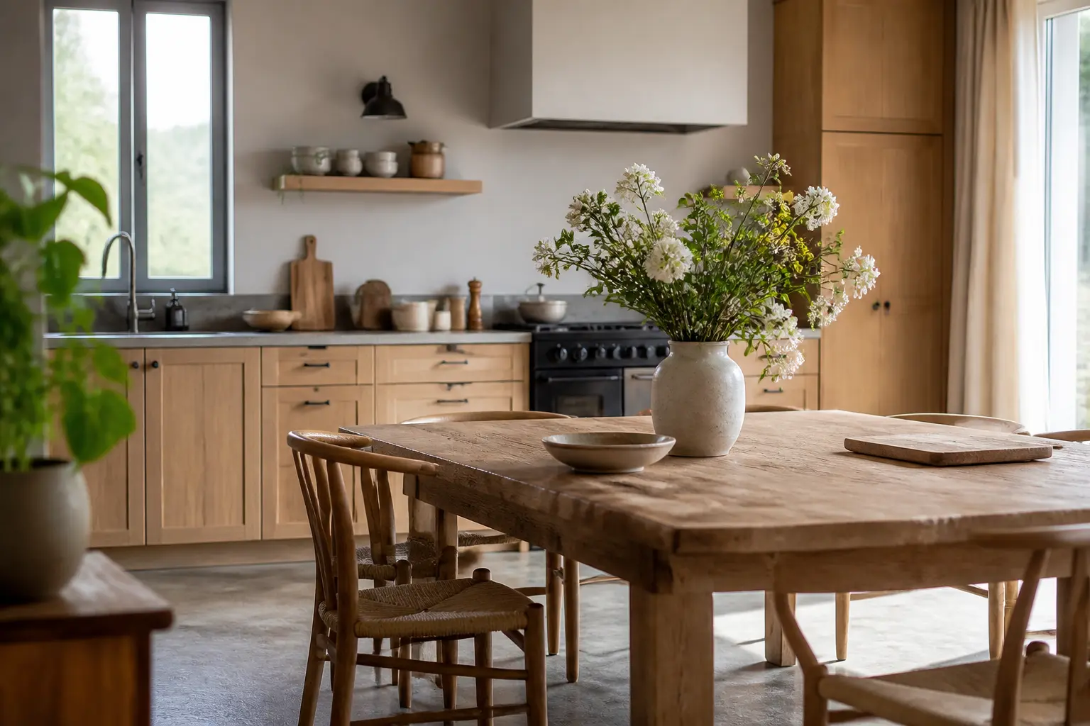 Cuisine campagne chic lumineuse avec table en chêne, meubles en bois clair, fleurs sauvages et rideaux en lin.