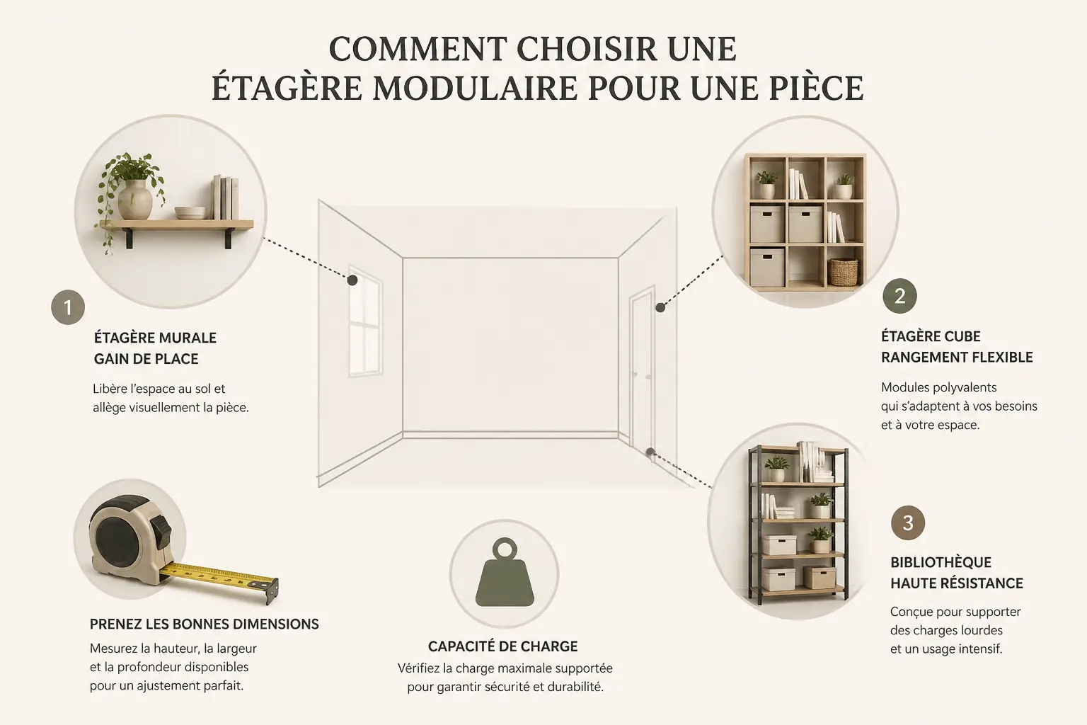 Infographie sur l’etagere modulable : murale, cubique ou robuste, avec mètre et charge.