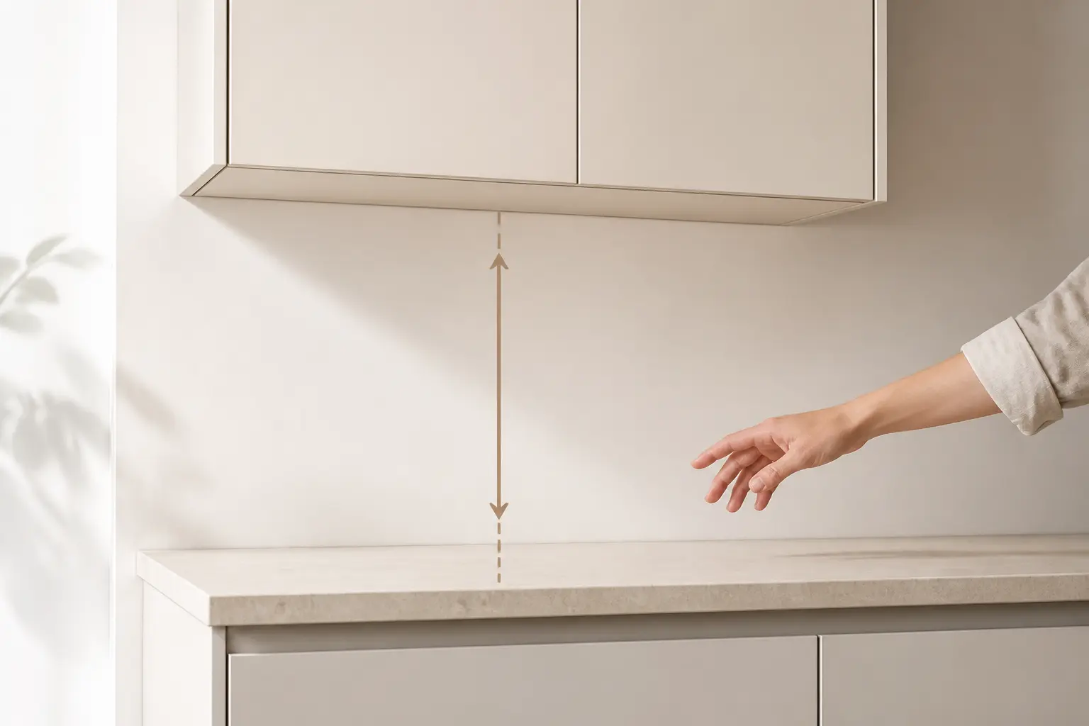 Hauteur meuble haut cuisine : meuble mural au-dessus du plan de travail, espace de 50 à 60 cm indiqué.