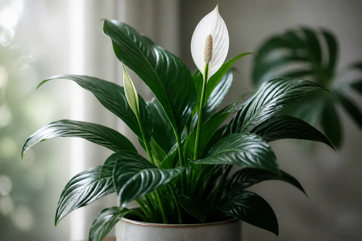 Lys de la paix en pot, feuilles luisantes et spathe blanche dans une lumière douce.