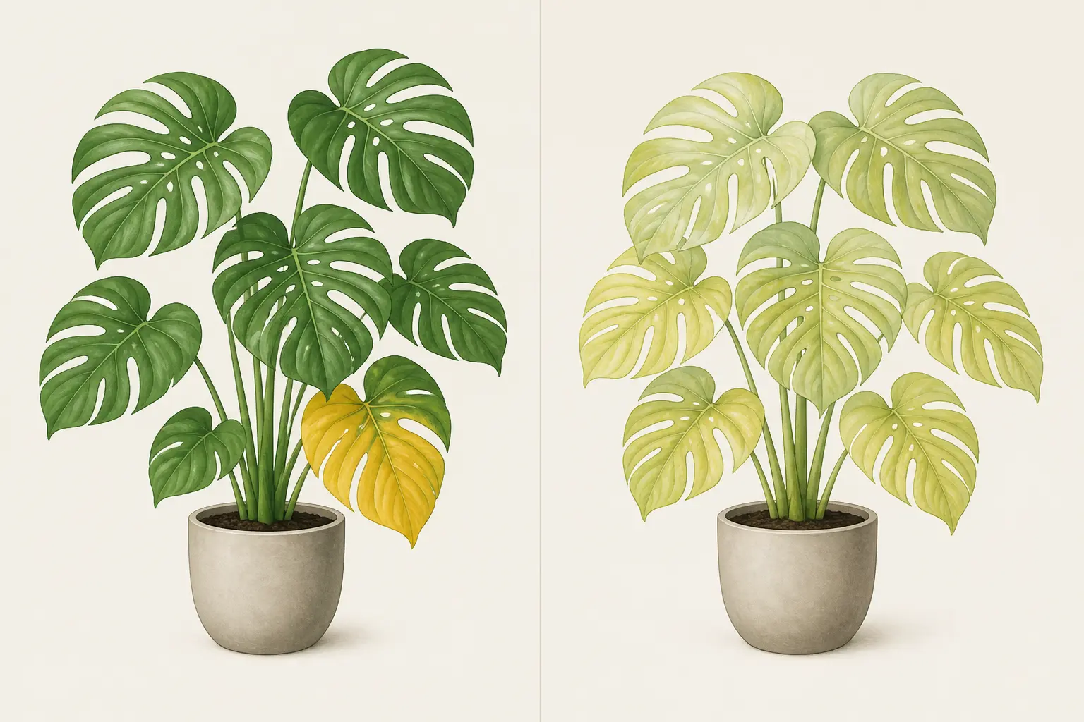 Monstera feuille jaune : comparaison entre une feuille basse jaunie et un feuillage globalement pâle