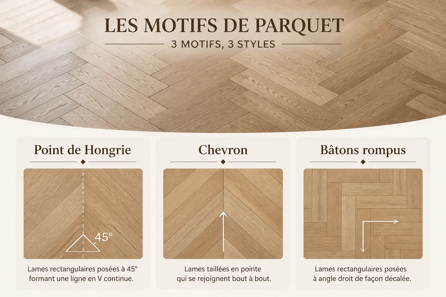 Parquet en point de Hongrie comparé au chevron et aux bâtons rompus, avec schémas explicatifs.