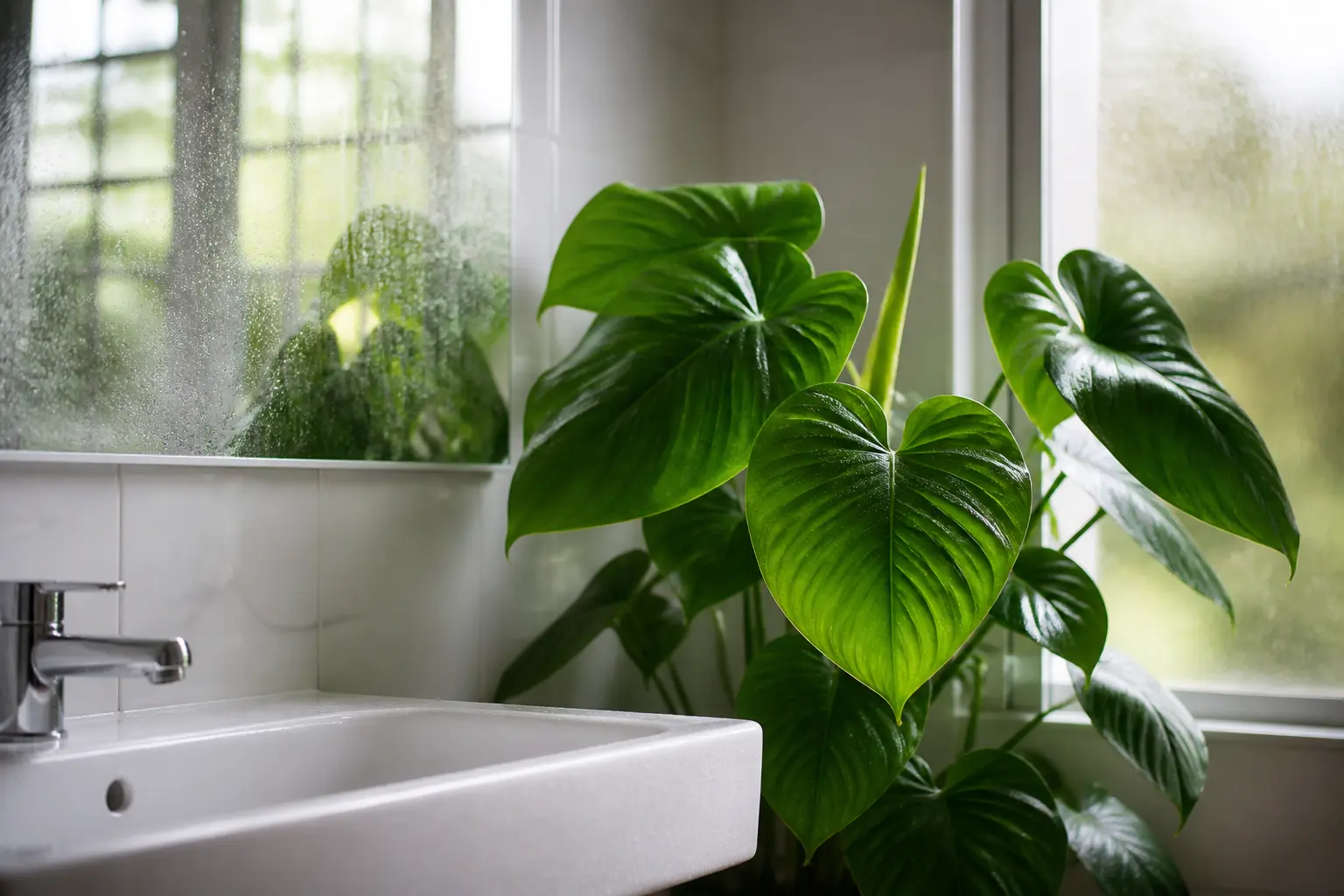 Plante salle de bain tropicale près d’un lavabo blanc, dans une salle d’eau humide et lumineuse.