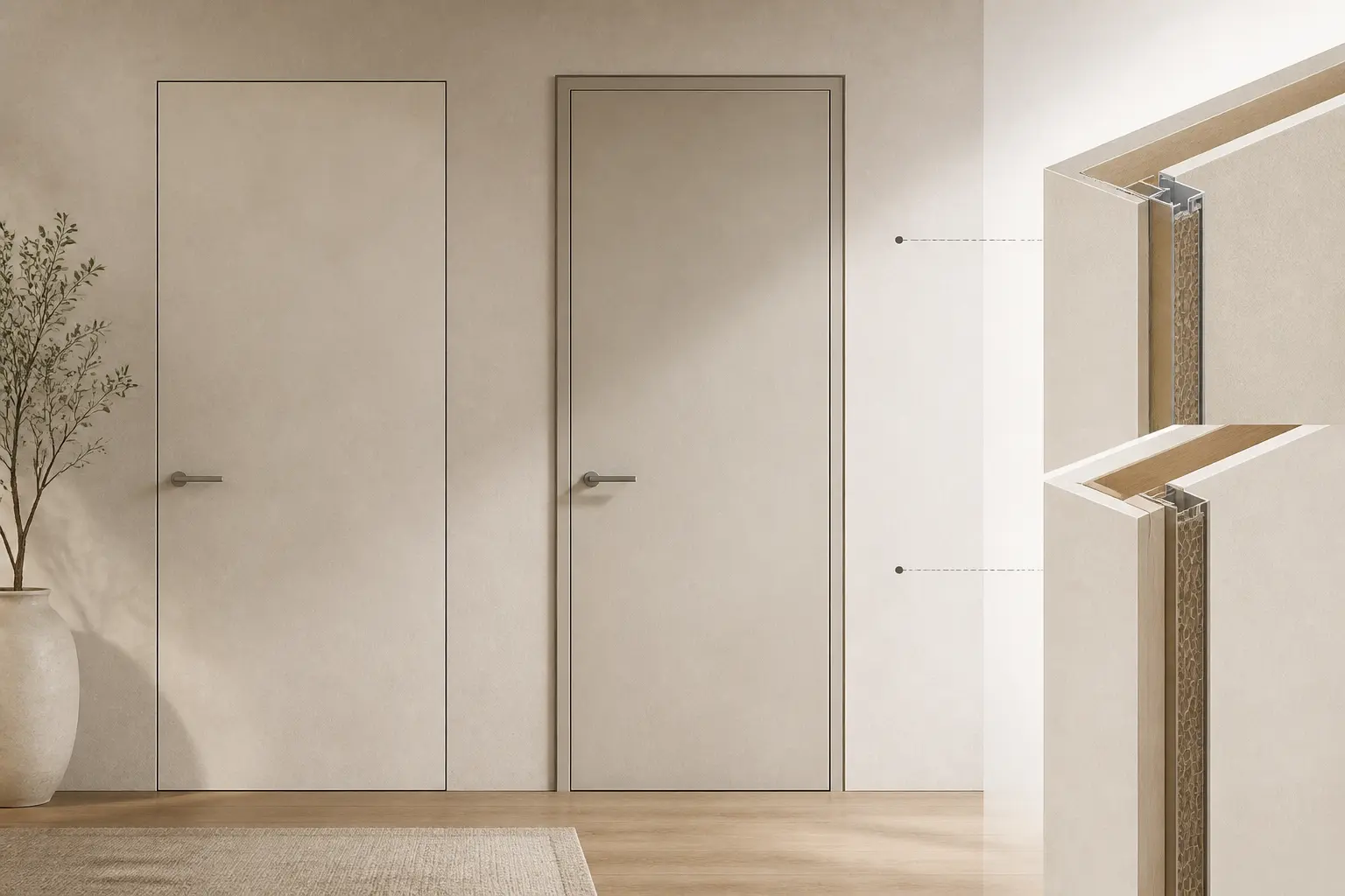 Porte invisible affleurante dans un mur minimaliste, avec comparaison à une porte standard