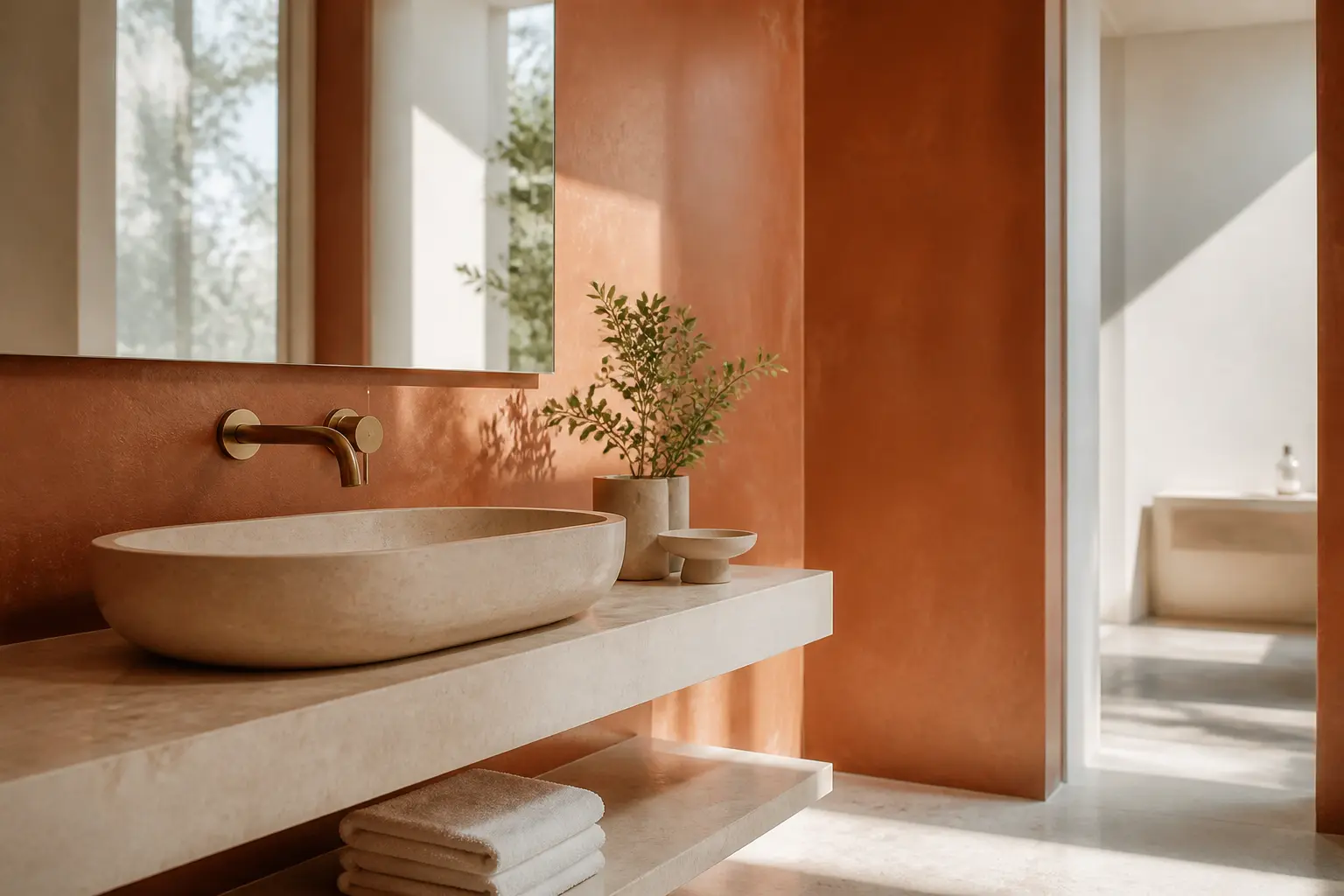 Salle de bain terracotta lumineuse avec mur en enduit mat, vasque en pierre claire et miroir reflétant la lumière.