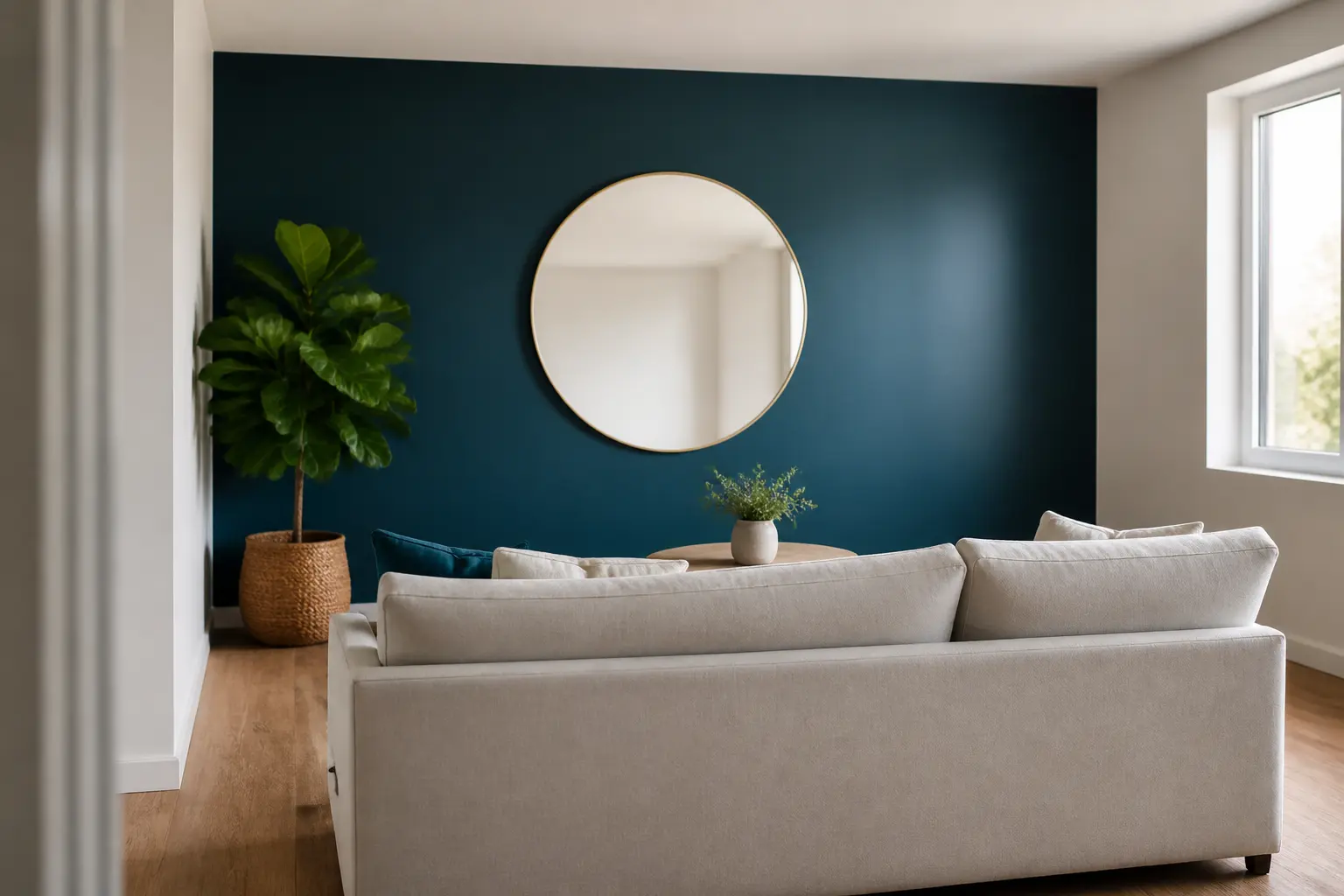 Salon lumineux avec mur d’accent en bleu canard peinture, canapé clair, parquet bois et miroir.