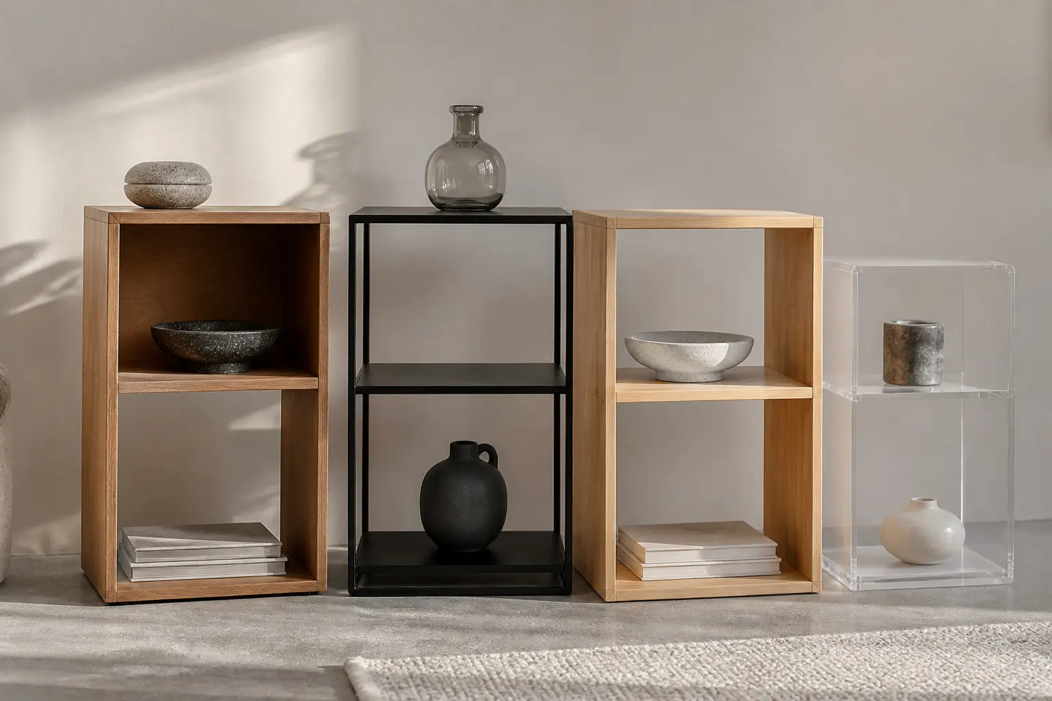 Étagere modulable en chêne, métal noir et bambou, avec accent plastique translucide, sur fond neutre