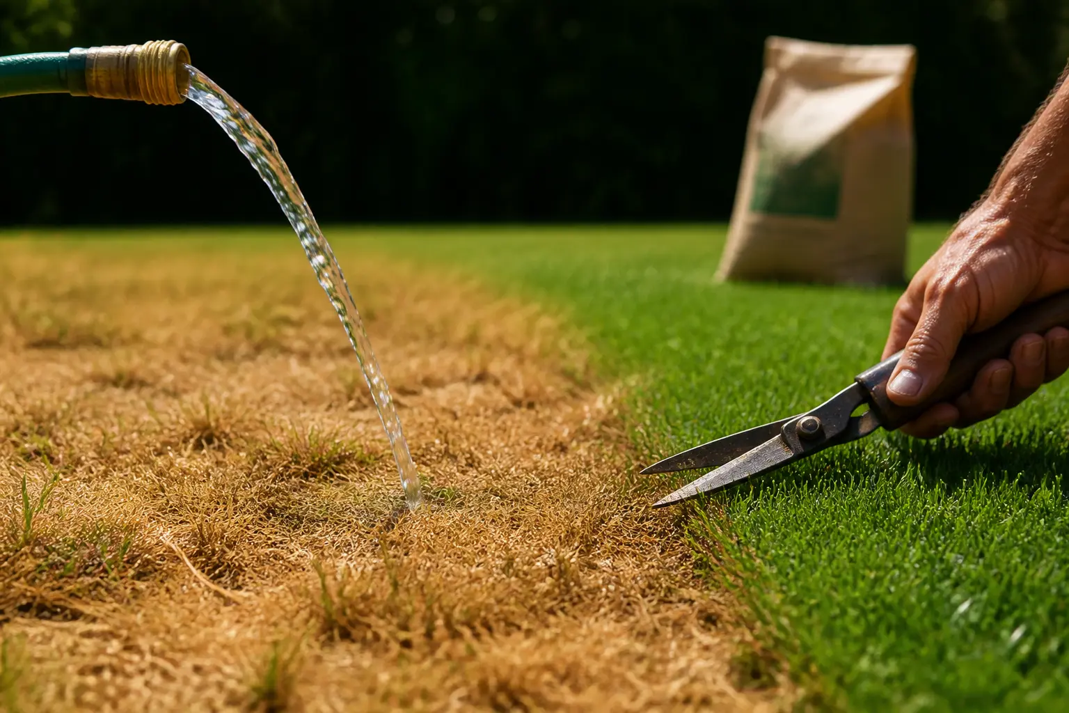 Gazon anglais inconvénients : pelouse jaunie, arrosage au tuyau, taille et engrais au jardin