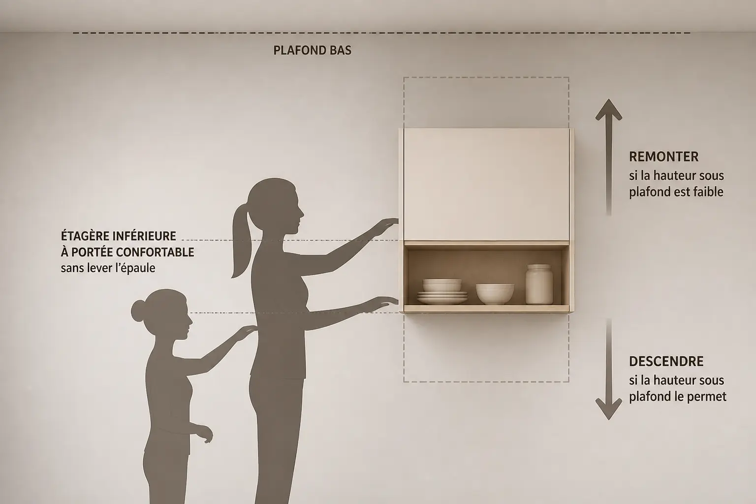 Hauteur meuble haut cuisine adaptée à la taille, au rangement et au plafond, avec schéma de pose