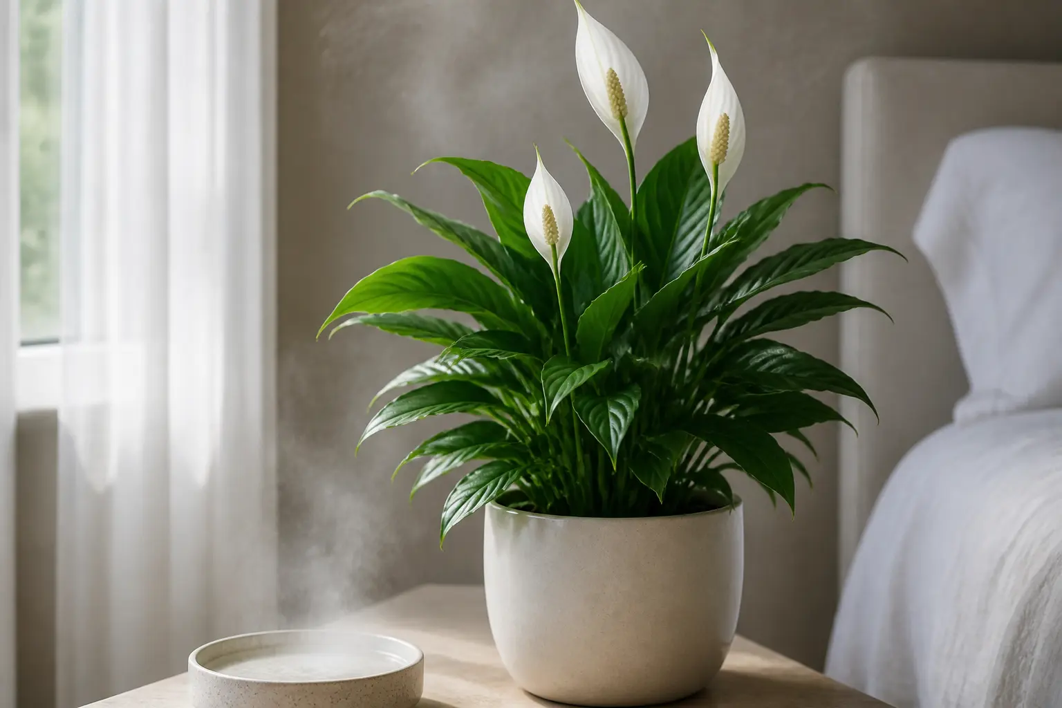 Lys de la paix dense près d’une fenêtre à lumière douce, en pot neutre avec légère humidité ambiante.