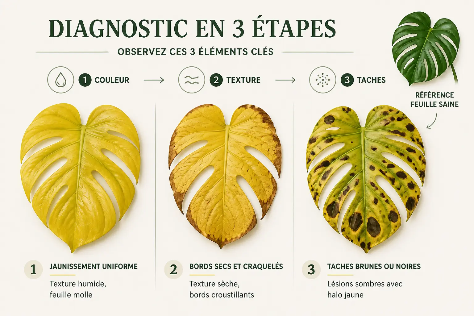 Monstera feuille jaune : diagnostic visuel d’une feuille uniforme, sèche ou tachée, avec repère vert