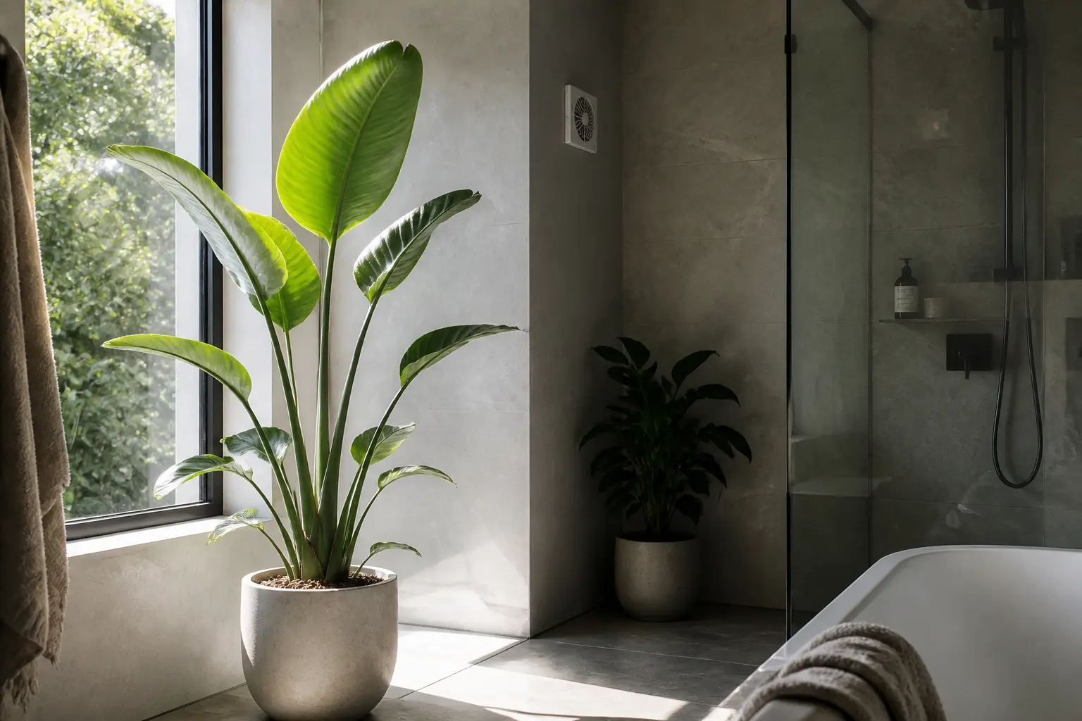 Plante salle de bain placée près de la fenêtre, avec contraste lumière et coin plus sombre