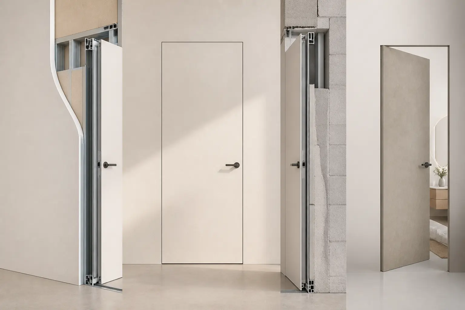 Porte invisible en coupe : cloison placo, mur maçonné et panneau adapté à une pièce humide ou chambre.