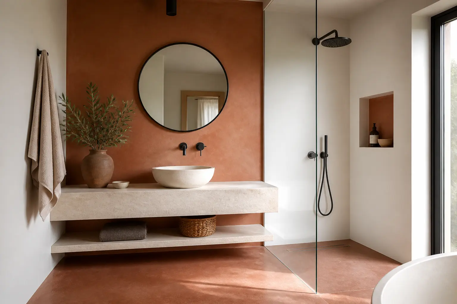 Salle de bain terracotta chic avec mur d’accent, sol en microciment et vasque murale minimaliste