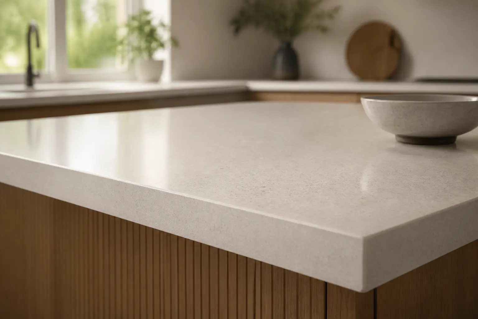 Cuisine moderne lumineuse avec plan de travail Silestone ou Dekton, finition mate et texture uniforme.