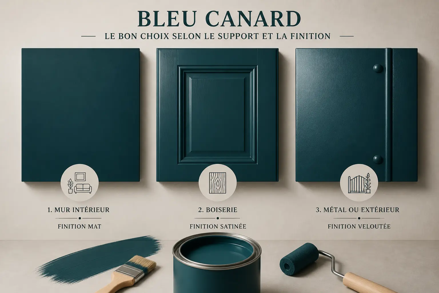Guide visuel bleu canard peinture : murs mats, bois satiné et métal velours avec pot central