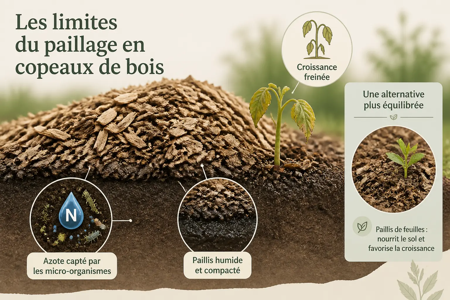 Copeaux de bois en paillage : monticule sur sol, jeune plant, azote absorbé et couche humide compactée.