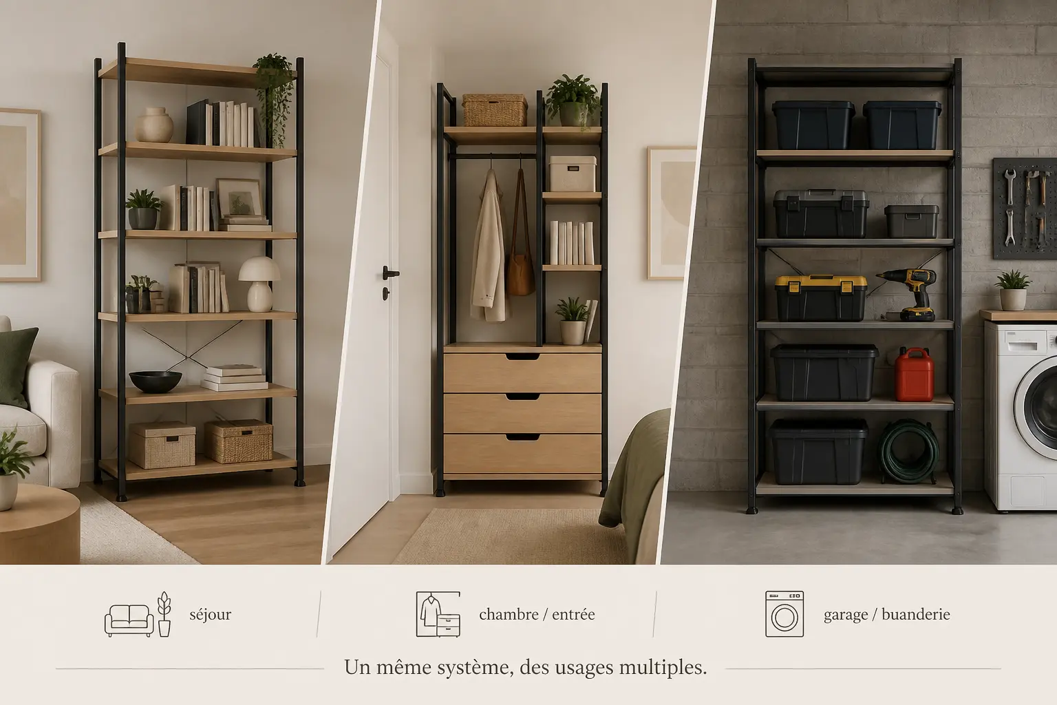 Étagere modulable adaptée au salon, à la chambre et au garage dans une composition épurée.