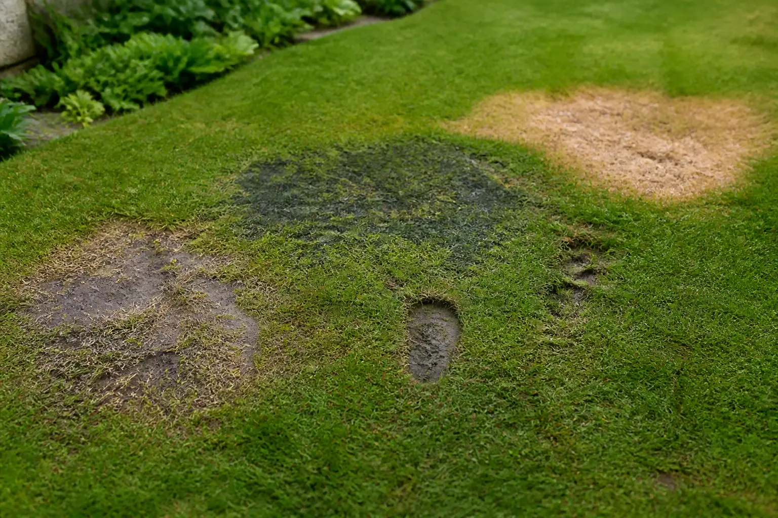 Gazon anglais inconvénients : pelouse abîmée avec sol boueux, taches fongiques et traces de pas