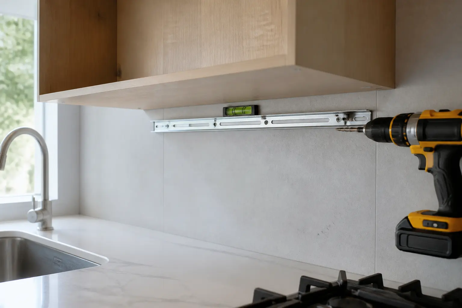 Hauteur meuble haut cuisine : pose d’un meuble haut au-dessus du plan, avec fixations murales et zones sûres