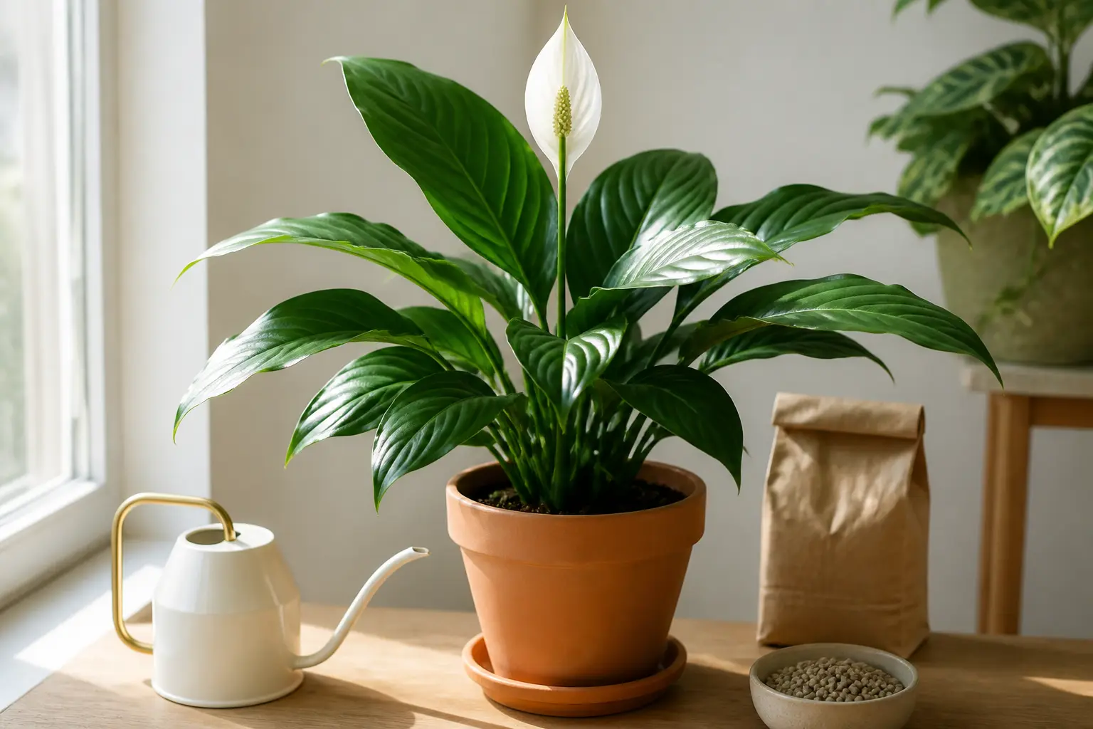 Lys de la paix en gros plan avec arrosoir, engrais doux et pot en terre cuite dans un intérieur lumineux.