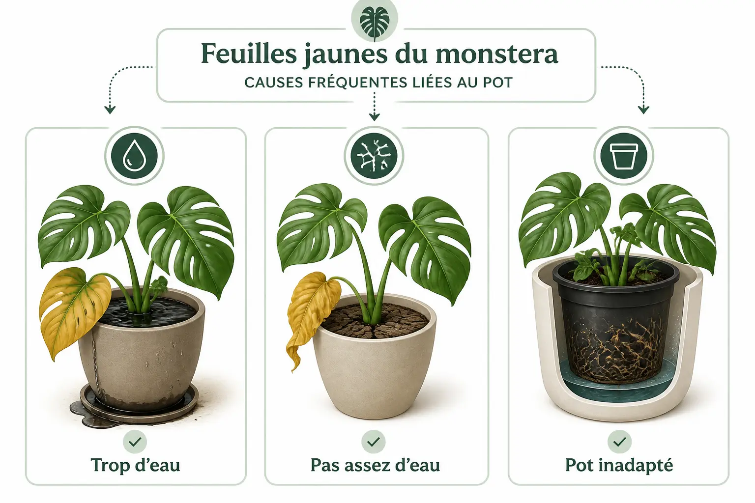 Monstera feuille jaune : infographie sur trop d’eau, pas assez d’eau et pot inadapté.