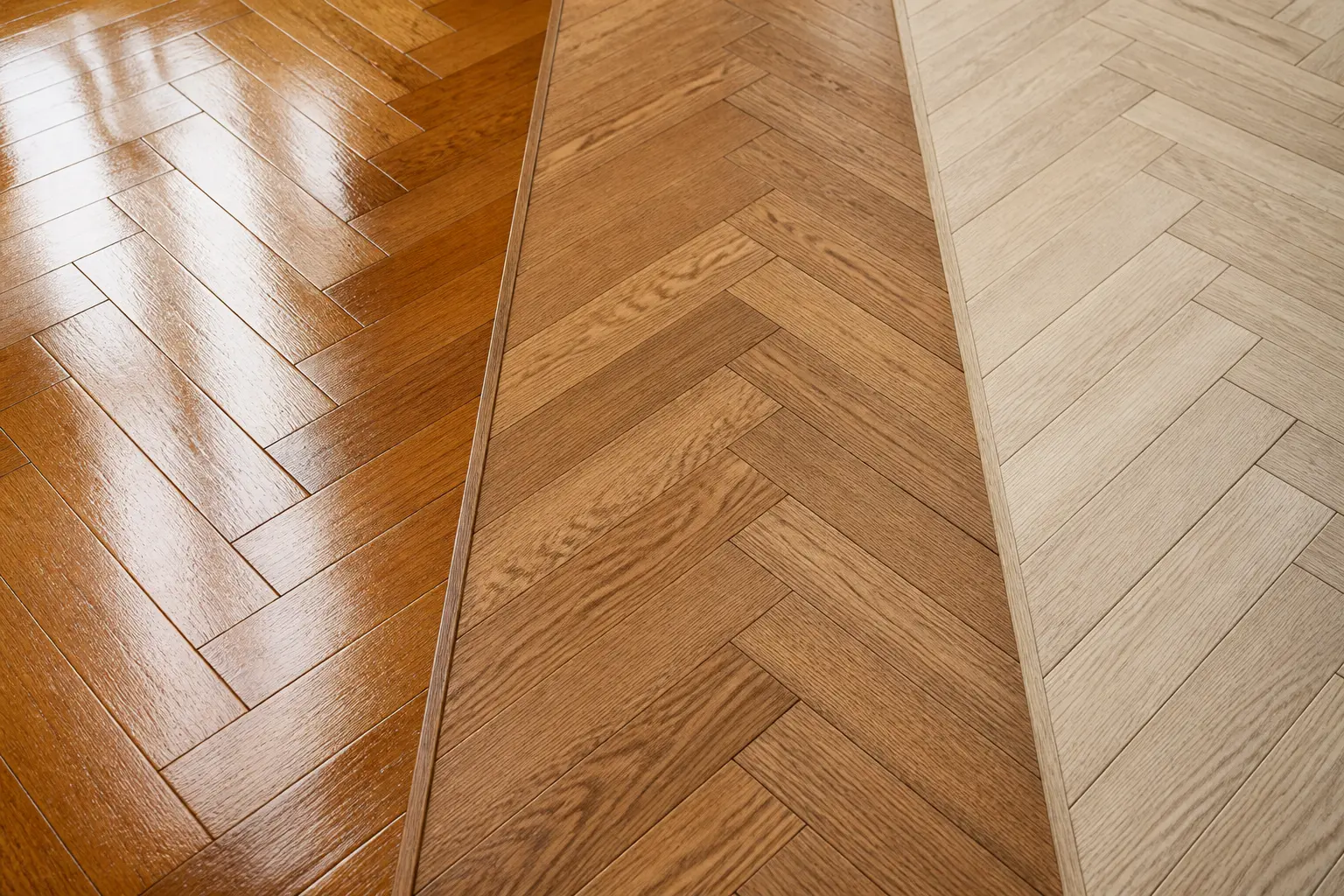 Parquet en point de Hongrie en trois finitions : verni satiné, huilé et brut, avec reliefs et teintes contrastés