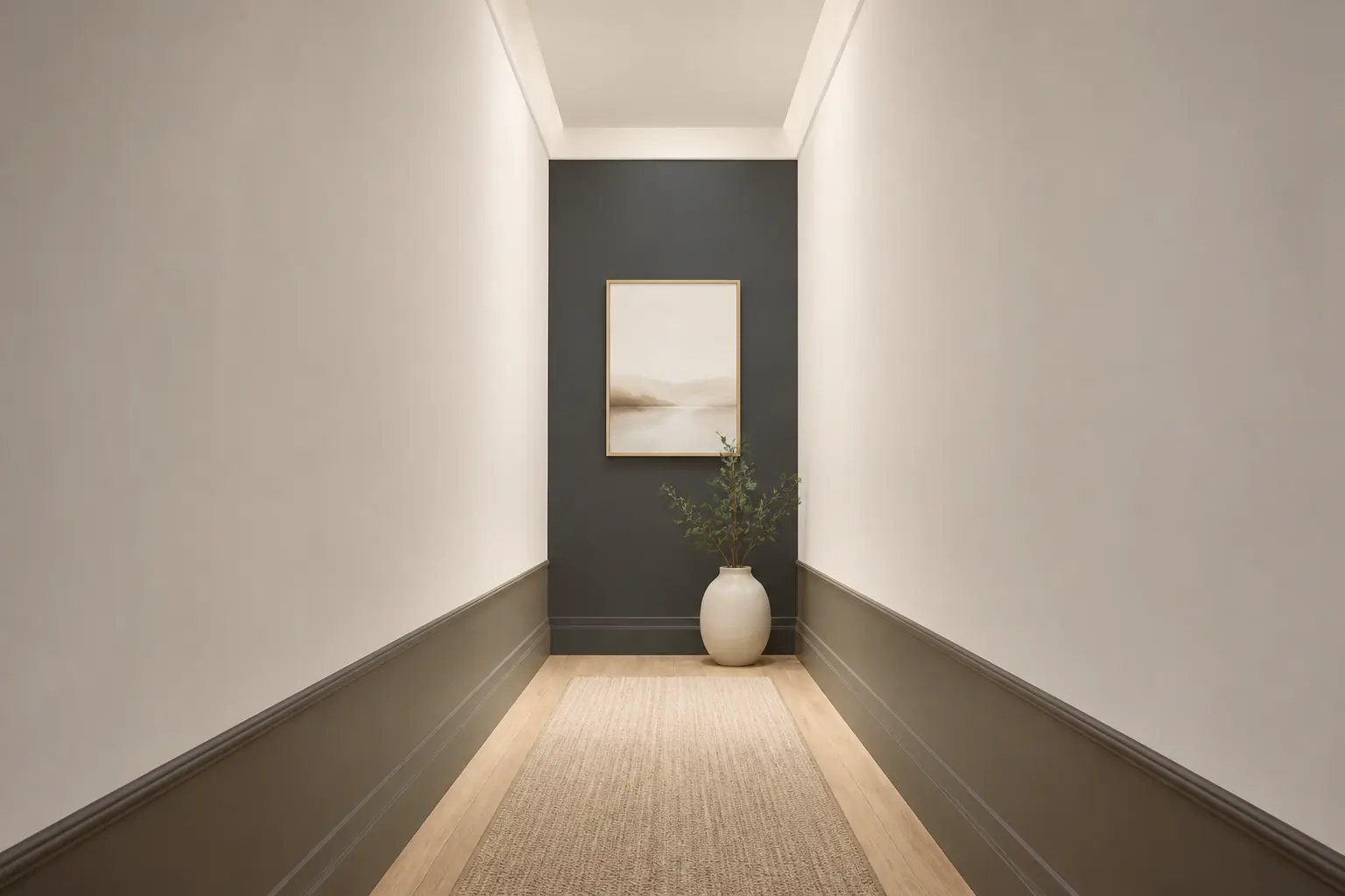 Peinture pour couloir : illustration d’un couloir étroit avec astuces de couleur pour le raccourcir, l’élargir et le hausser.