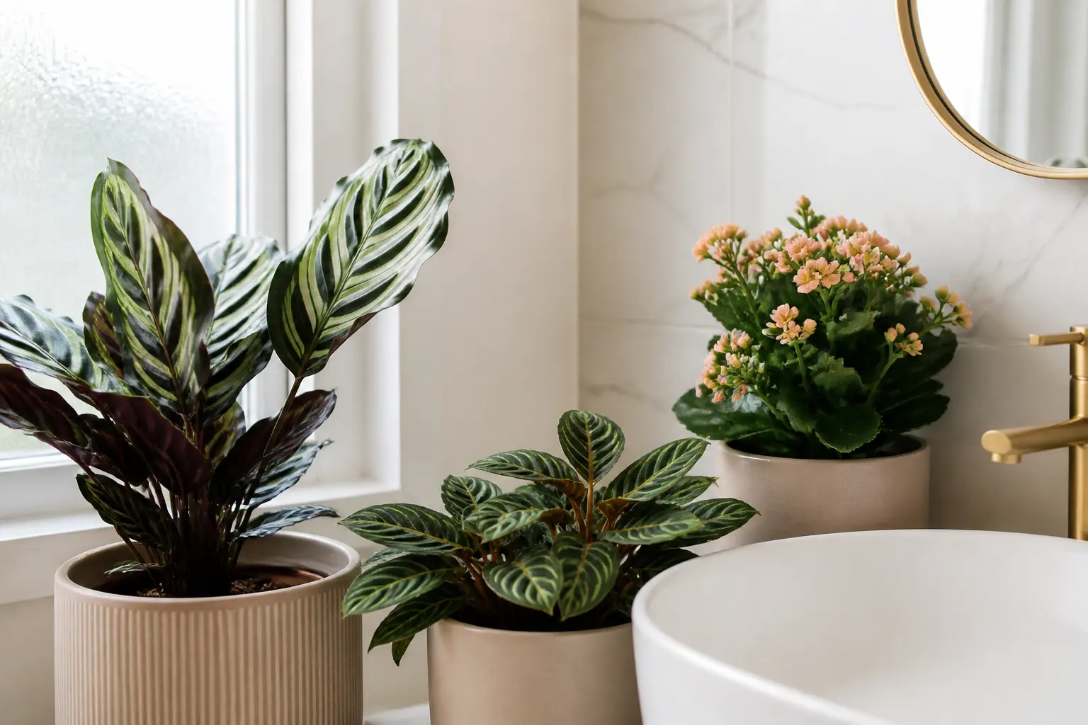 Plante salle de bain : calathea, maranta et plante fleurie près d’une fenêtre givrée et d’un lavabo blanc.