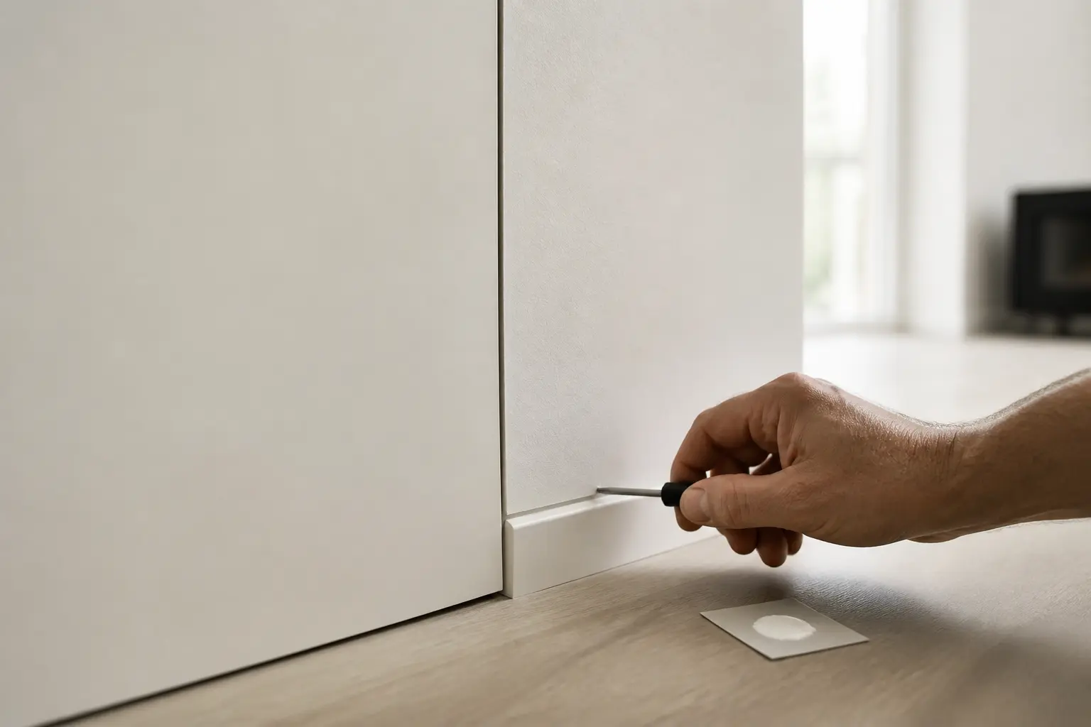 Porte invisible affleurante dans un mur blanc mat, artisan ajustant la charnière et échantillon de peinture.