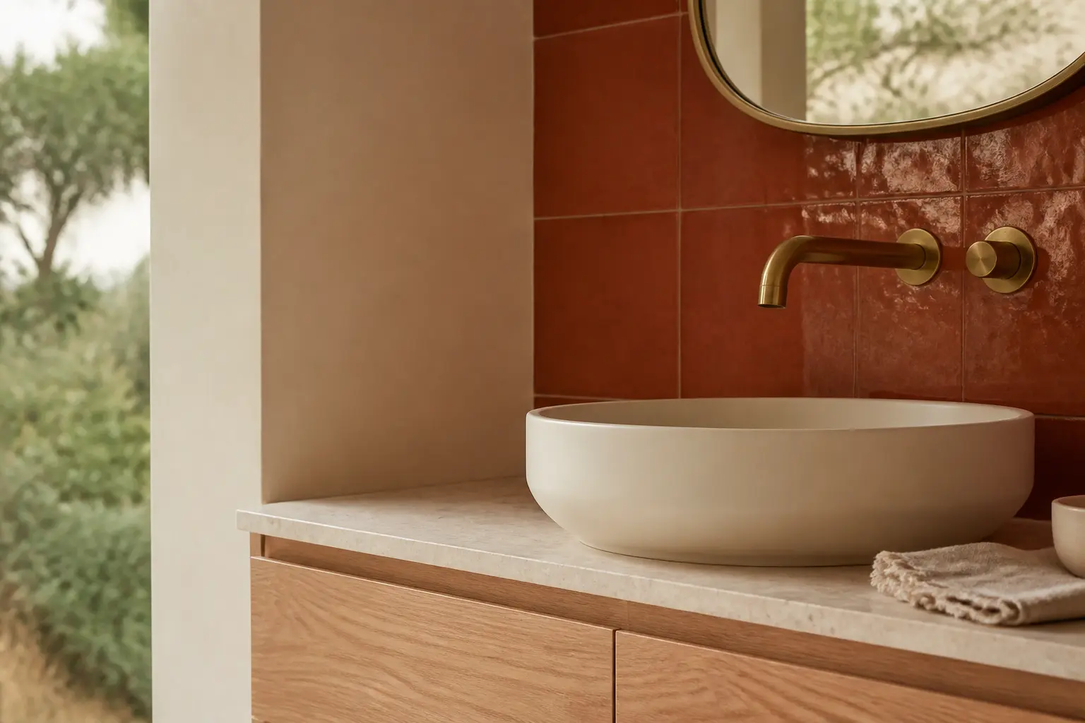 Salle de bain terracotta avec mur en carreaux, meuble en chêne blond, laiton brossé et blanc cassé.