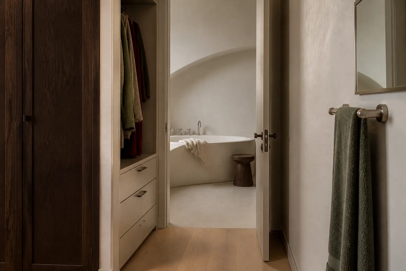 Dressing dans une salle de bain : porte entrouverte, zone sèche séparée, meuble clair et bois sombre, lumière naturelle.
